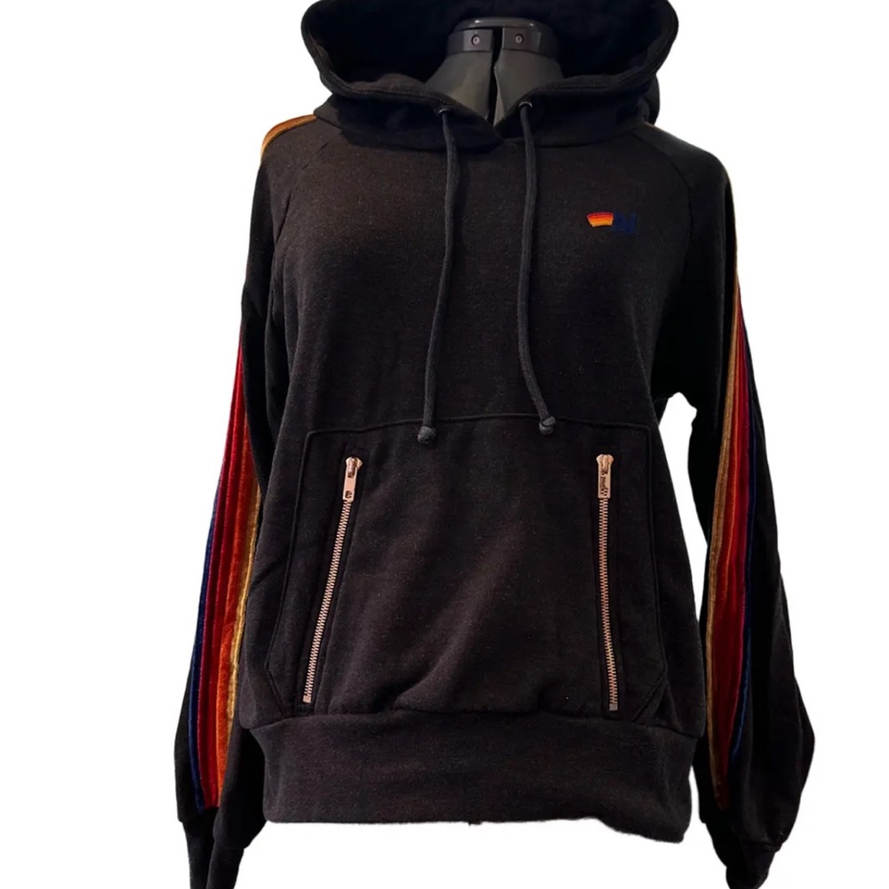 Aviator Nation Black Hoodie with Multicolor Stripes